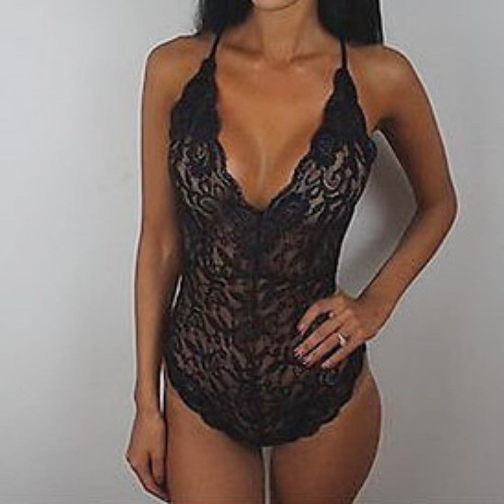 Sexy Sheer Black Lace Stretchy Bodysuit Romper